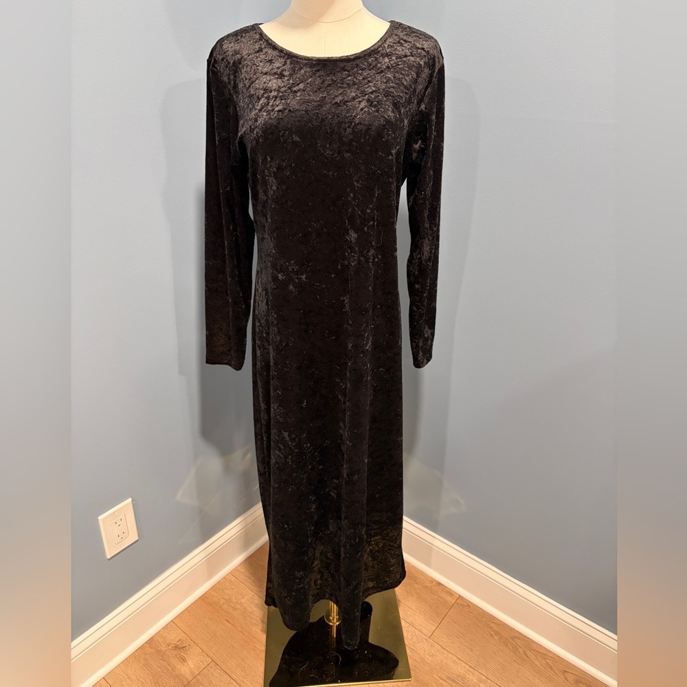 Vintage Crushed Velvet Maxi Dress Black 48” Length 90s Long Sleeve S 4/6